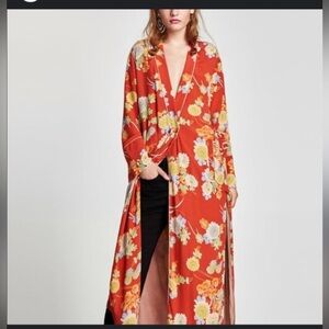 Zara Coral Floral Maxi Boho Kimono Robe
